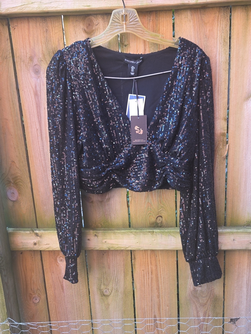Sincerly Jules Black Sequin Long-Sleeve Cropped Wrap Top